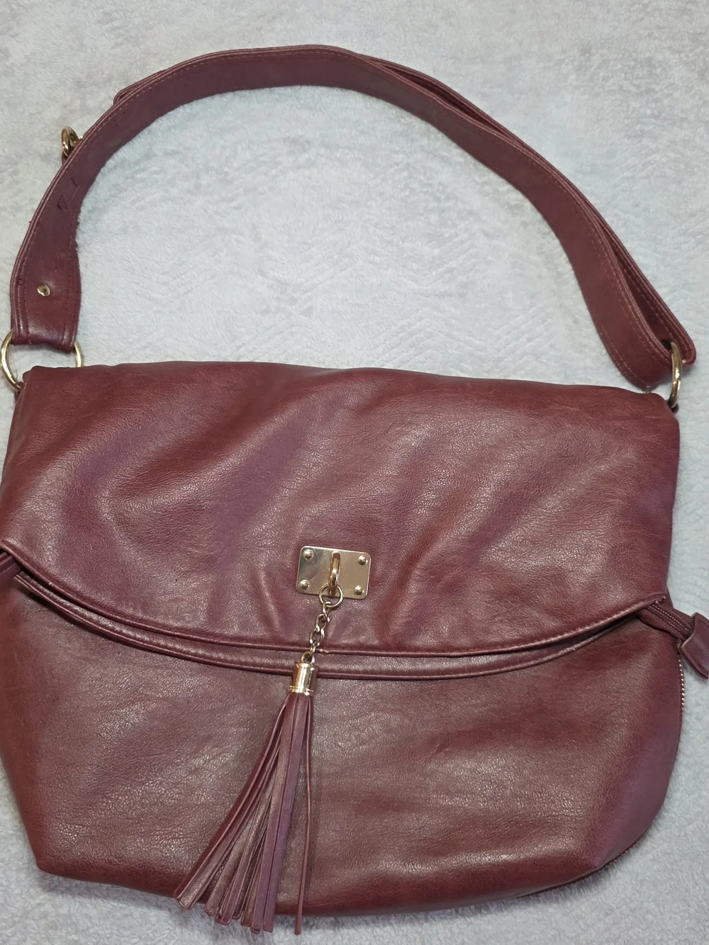 Burgundy Foldover Hobo Shoulder Bag Tassel Purse